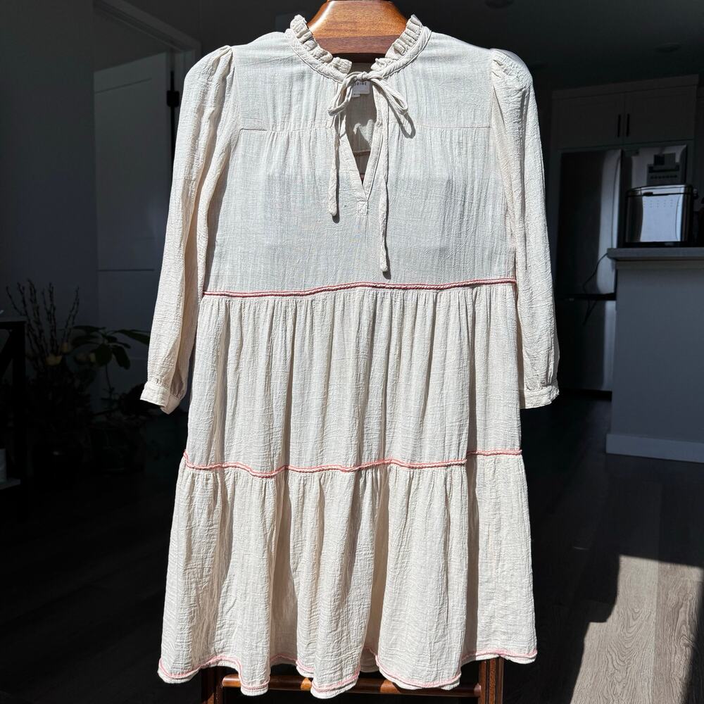 Honorine Dress Women’s S Beige Gauze Tiered Mini Dress Boho Peasant 3/4 Sleeve